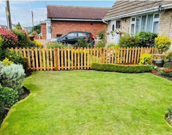 6FT x 3FT Picket Fence Panel (Pointed Top) | Brown | Perfect choice for creating a low level garden divider without obstructing visibility.