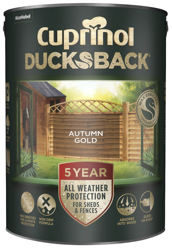 Cuprinol 5 Year Ducksback Autumn Gold 5L | The Ducksback range Colours & protects rough sawn wood and you can apply the treatment using a brush or a roller.