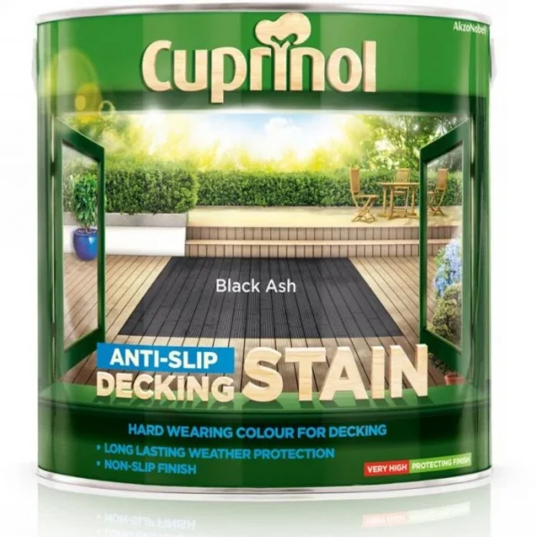 Cuprinol Anti Slip Deck Stain | Black Ash 2.5L. Tough, weather-resistant, water-based decking stain. Offers a rich, semi-transparent colour and durable finish.