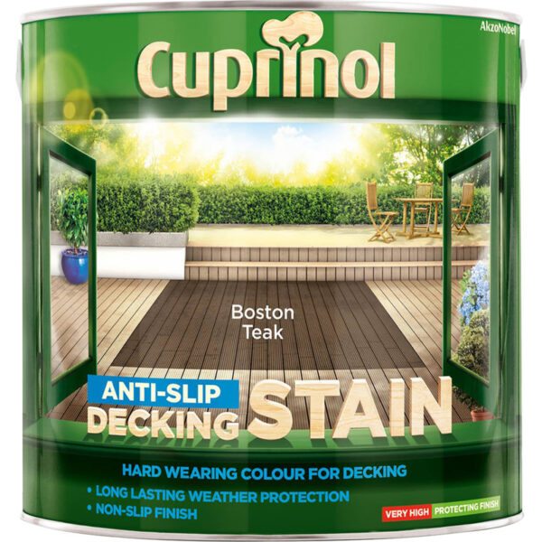 Cuprinol Anti Slip Deck Stain | Boston Teak 2.5L.Tough, weather-resistant, water-based decking stain. Offers a rich, semi-transparent colour and durable finish.